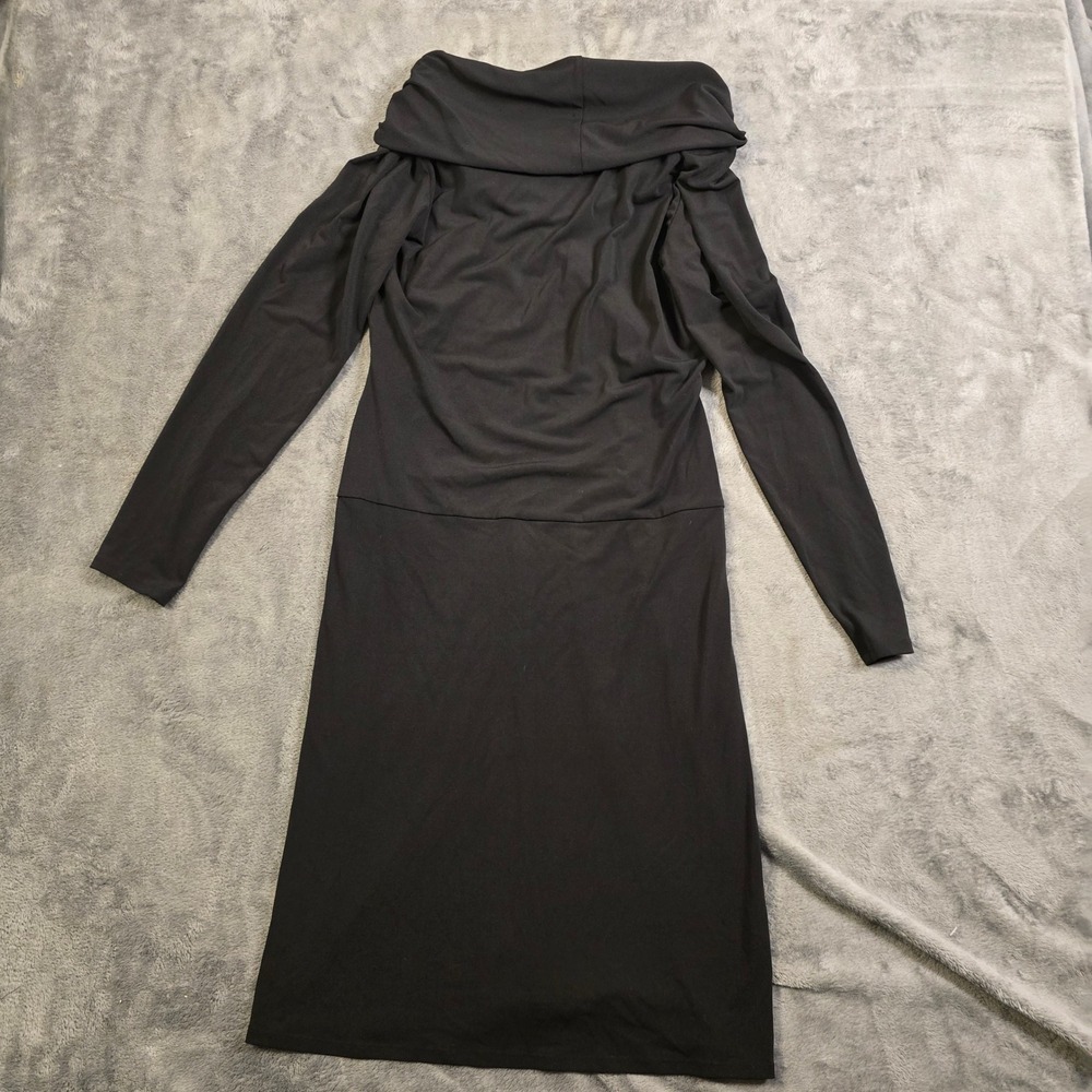 Chic Black Cowl Neck Midi Dress Small Ruched Draped Bodycon Cocktail Party Gala - Picture 10 of 16